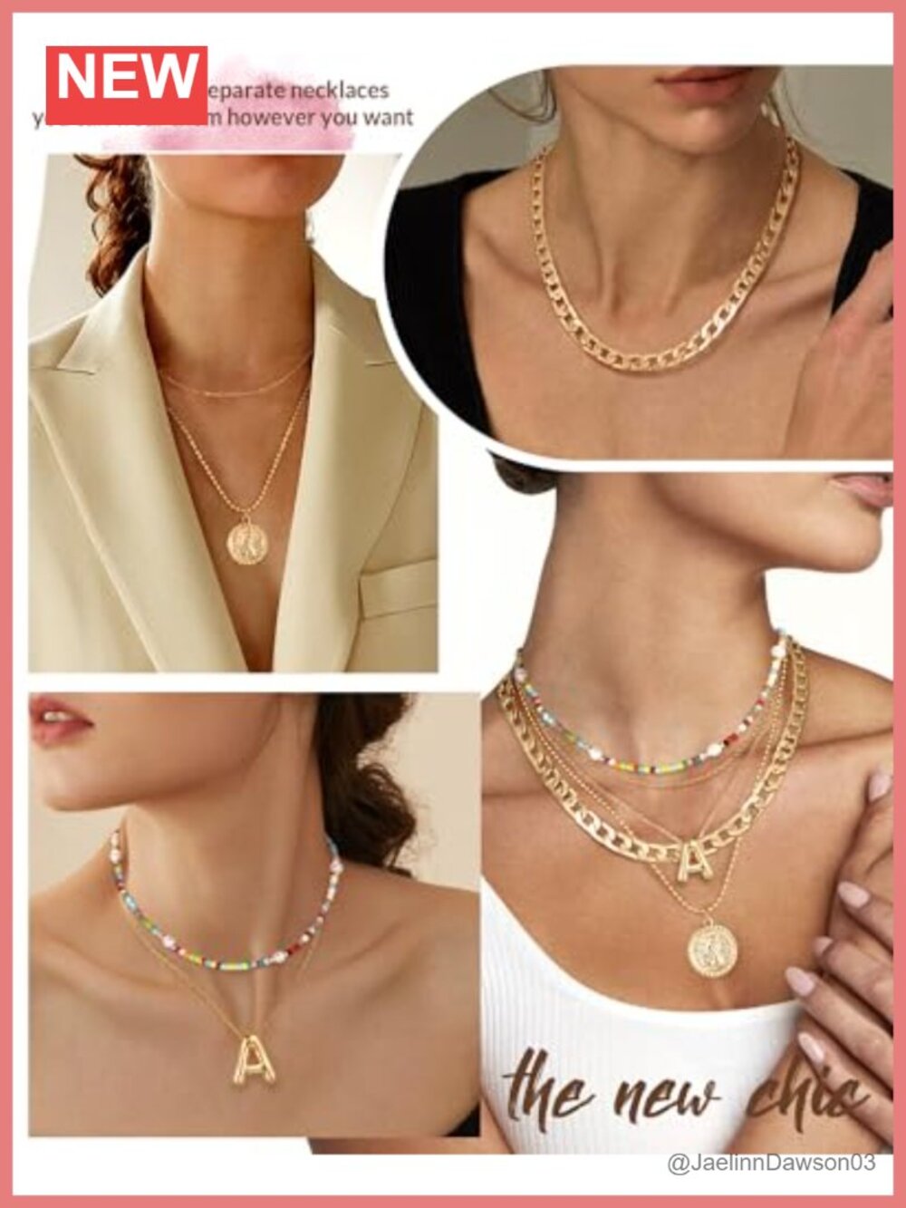 Layered Balloon Initial Coin Pendant Necklace Set Dainty Chunky Chain Beaded